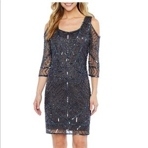 Tahari Size 8 Cold shoulder beaded cocktail dress